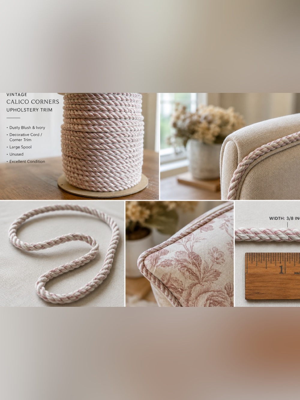 Calico Corners cord/trim 40 yards, green pink white, 7/8” $ARV - $640